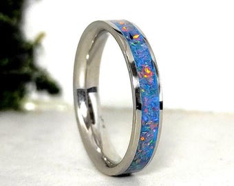 Handmade Fire Mint Opal Ring For Women – Minimalist Stainless Steel Band, Water Resistant, Unique Gift For Her, Wedding Or Promise Ring