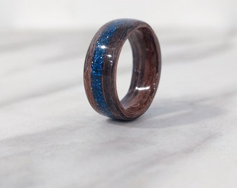 Handcrafted Ebony Wood Ring with Blue Resin Inlay, Elegant Gift for Her, Unique Women's Wooden Jewelry