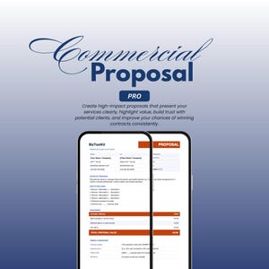 Può includere: Un modello digitale per una Commercial Proposal PRO con due schermi di smartphone che mostrano un documento BizToolKit. Il documento include sezioni per i dettagli del cliente, l'ambito della proposta, ciò che è incluso e i termini e condizioni.