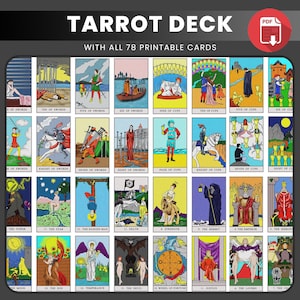 May include: A tarot deck with 78 printable cards, featuring colorful illustrations of figures and scenes. The cards include titles like "The Lovers," "The Emperor," and "The Wheel of Fortune." The words "TARROT DECK" are at the top.