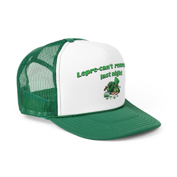 St. Patricks Day Trucker Hat, St Patrick Day Drinking Snapback Hat, St Patricks Green Mesh Cap, "Lepre-can't Remember Last Night"