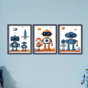 Space ROBOT Theme Wall Art Playroom Bundle - Set of 3 Unframed Printable Gift 8x10 | Nursery Kid's Boy's Room | Planets Astronaut Classroom