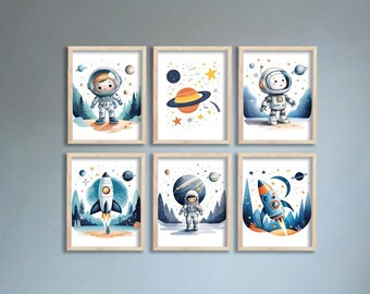 Space Playroom Art Prints: Astronaut & Rocket Set (Digital Download)