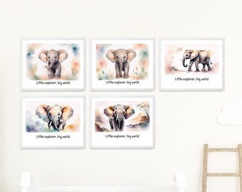 5 Elephant Nursery Prints Art Watercolor, Instant Download Printable, Baby Shower Gift | Kids Room Wall Art | Cute Animals | Digital Artwork