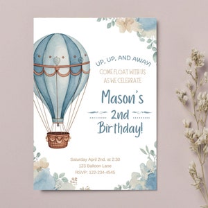 Modèle #3 d'Invitation pour 1er anniversaire en montgolfière - numérique modifiable et imprimable - carte personnalisable bleue