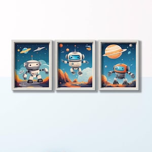 Conjunto de 3 piezas de arte mural con temática espacial de robots para sala de juegos, sin marco, imprimibles, de 8 x 10 pulgadas, tamaño A3, para habitación infantil, aula de astronautas y planetas.