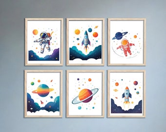 Space Theme Kid's Playroom Bundle Wall Art - Set of 6 Unframed Printable Gift 8x10 11x14 | Kids Nursery Decor | Planets Astronaut Artwork