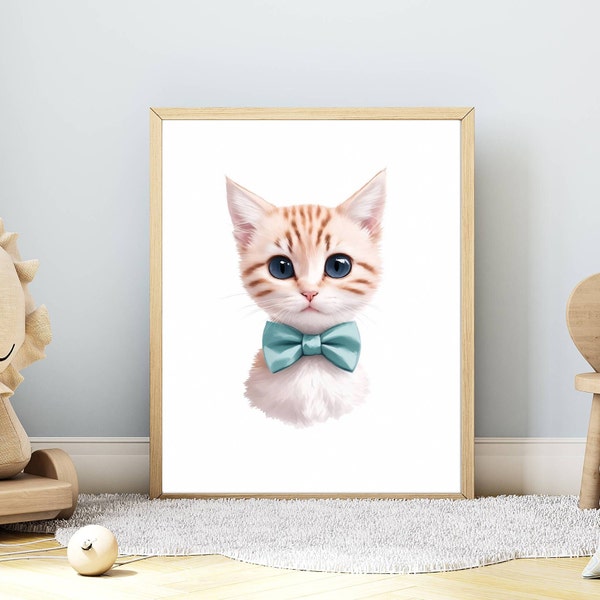 Cat & Bow-Tie Portrait Nursery Decor - Digital Illustration, Printable, Gift | Kids Room Wall Art | Cute Digital Artwork, Nursery Wall Art