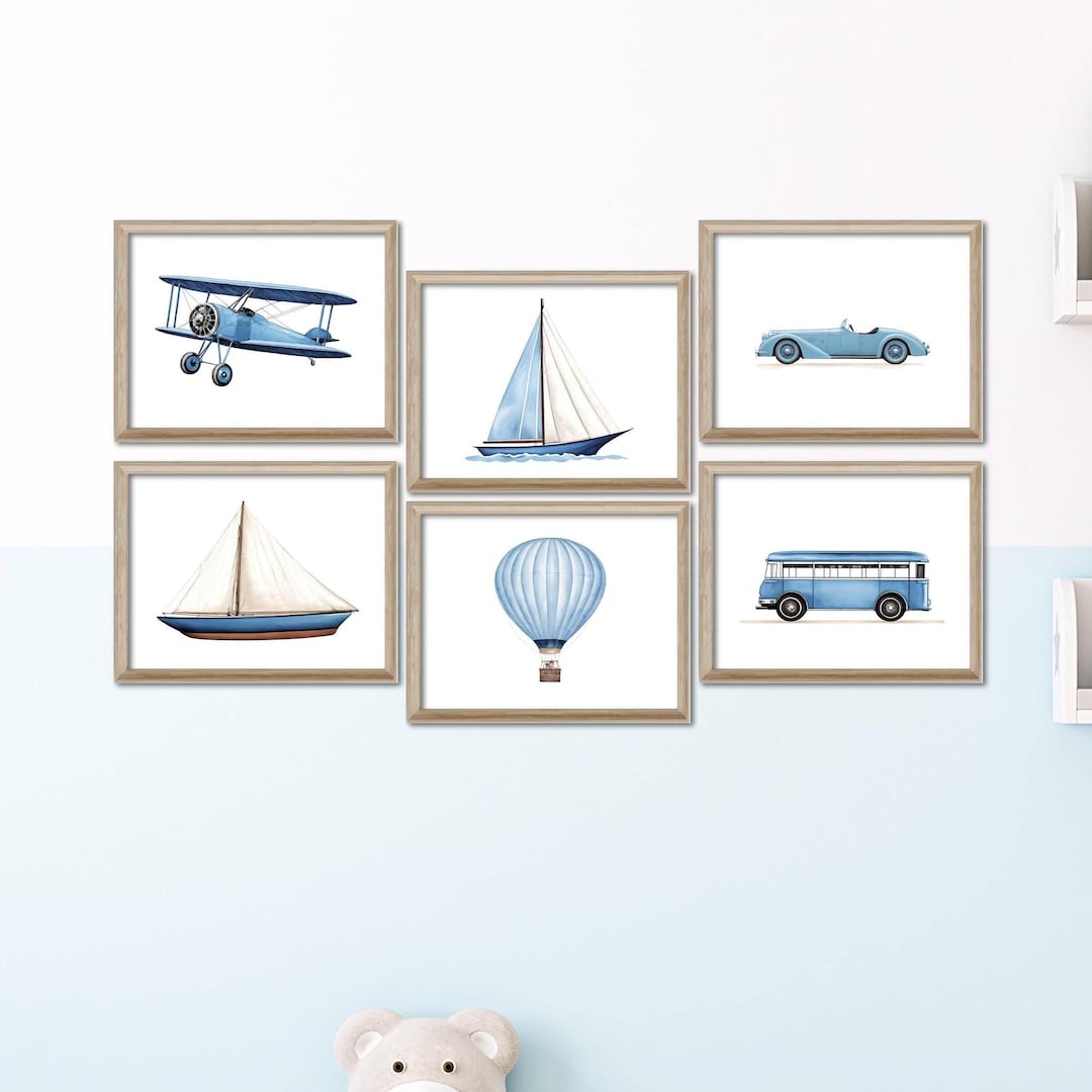 Nursery Vintage Travel Wall Art Decor, Blue Hot Air Balloon, Plane