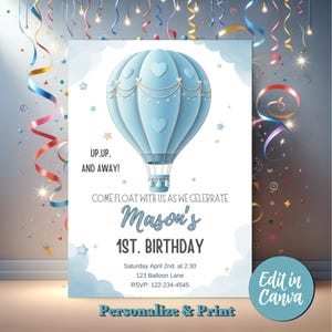 Modelo de convite de 1º aniversário de balão de ar quente azul editável | Cartão personalizável | Convite de primeiro aniversário, impressão digital DIY azul
