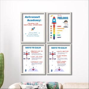 May include: Four printable posters with an astronaut theme. The posters are titled "Astronaut Academy: Training for Emotional Adventures", "Daily Feelings", "Ways to Calm", and "Ways to Calm". The posters feature illustrations of astronauts, spaceships, and planets. The posters are designed to help children learn about and manage their emotions.