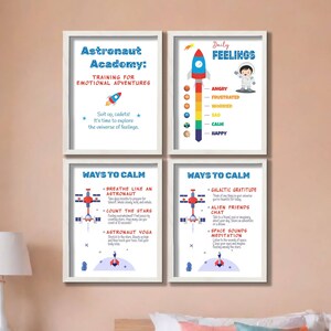 May include: Four printable posters with an astronaut theme. The posters are titled "Astronaut Academy: Training for Emotional Adventures", "Daily Feelings", and "Ways to Calm". The posters feature illustrations of astronauts, spaceships, and planets. The posters are designed to help children learn about emotions and coping mechanisms.
