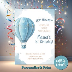 Modelo de convite de 1º aniversário de balão de ar quente azul editável nº 2 | Cartão personalizável | Convite de primeiro aniversário, impressão digital DIY azul