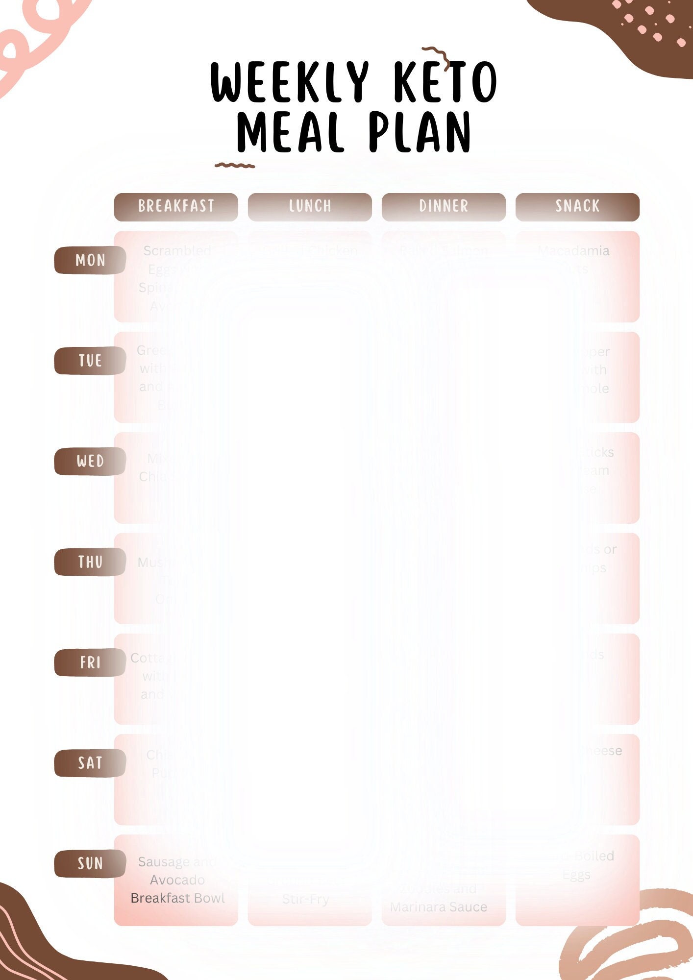 Printable 7 Day Keto Menu