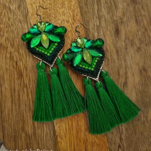 Grass Green Handmade Rhinestone Tassel Earrings Crystal Jewelry