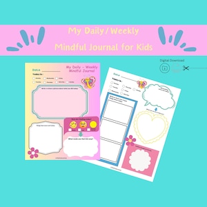 Puede incluir: Dos páginas imprimibles para un diario de atención plena diario o semanal para niños. Las páginas presentan una mariposa, un corazón y un gráfico de flores. Las páginas incluyen indicaciones para escribir y dibujar sobre sentimientos, pensamientos y actividades.