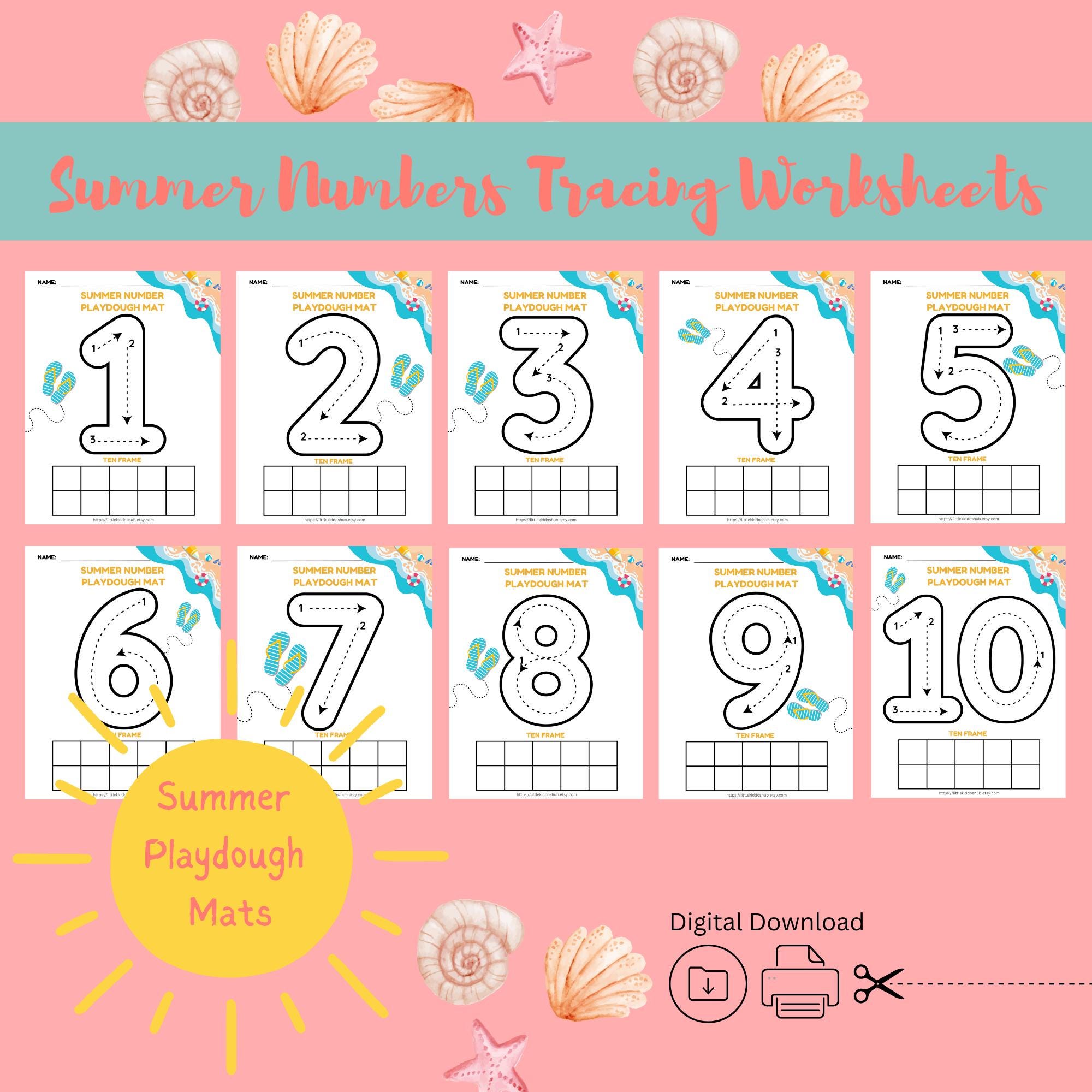 Summer Playdough Mat, Tracing Numbers 1-10, Learn To Count And Trace, Toddler Math Counting Activity, Homeschool Preschool Summer Worksheets