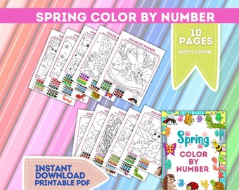 Spring Color by Numbers, Spring Activities for Preschool, Toddlers, PreK, and Kindergarten. Preschool Activity Sheets, Printables.
