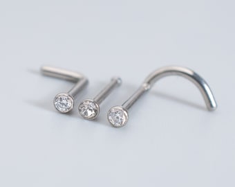 Titanium Nose Studs with Clear Gem - L Shape Screw Shape Straight Bone Nose Stud - Implant Grade Titanium