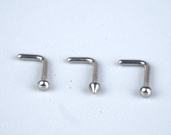 Titanium Nose Studs L Shape with Ball/Spike/Dome Top - L Nose Stud, 18G (1.0mm), 20G (0.8mm) - Implant Grade Titanium