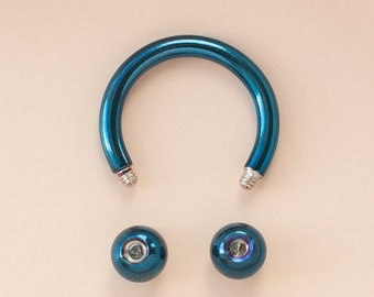 Teal Blue Stainless Steel Externally Threaded Circular Barbell Septum Ring - Horseshoe, Eyebrow Ring, Daith Earring, Conch Ring