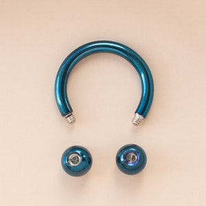 Teal Blue Stainless Steel Externally Threaded Circular Barbell Septum Ring - Horseshoe, Eyebrow Ring, Daith Earring, Conch Ring