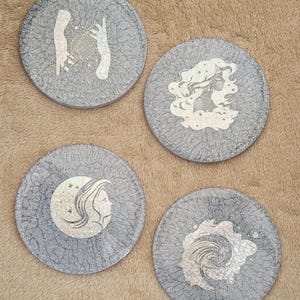 Set of Four Round Coasters, Blue Coasters, Resin Coaster Set, Zen Home Decor, Spiritual Tableware, Boho Style, Metallic Accent, Artistic