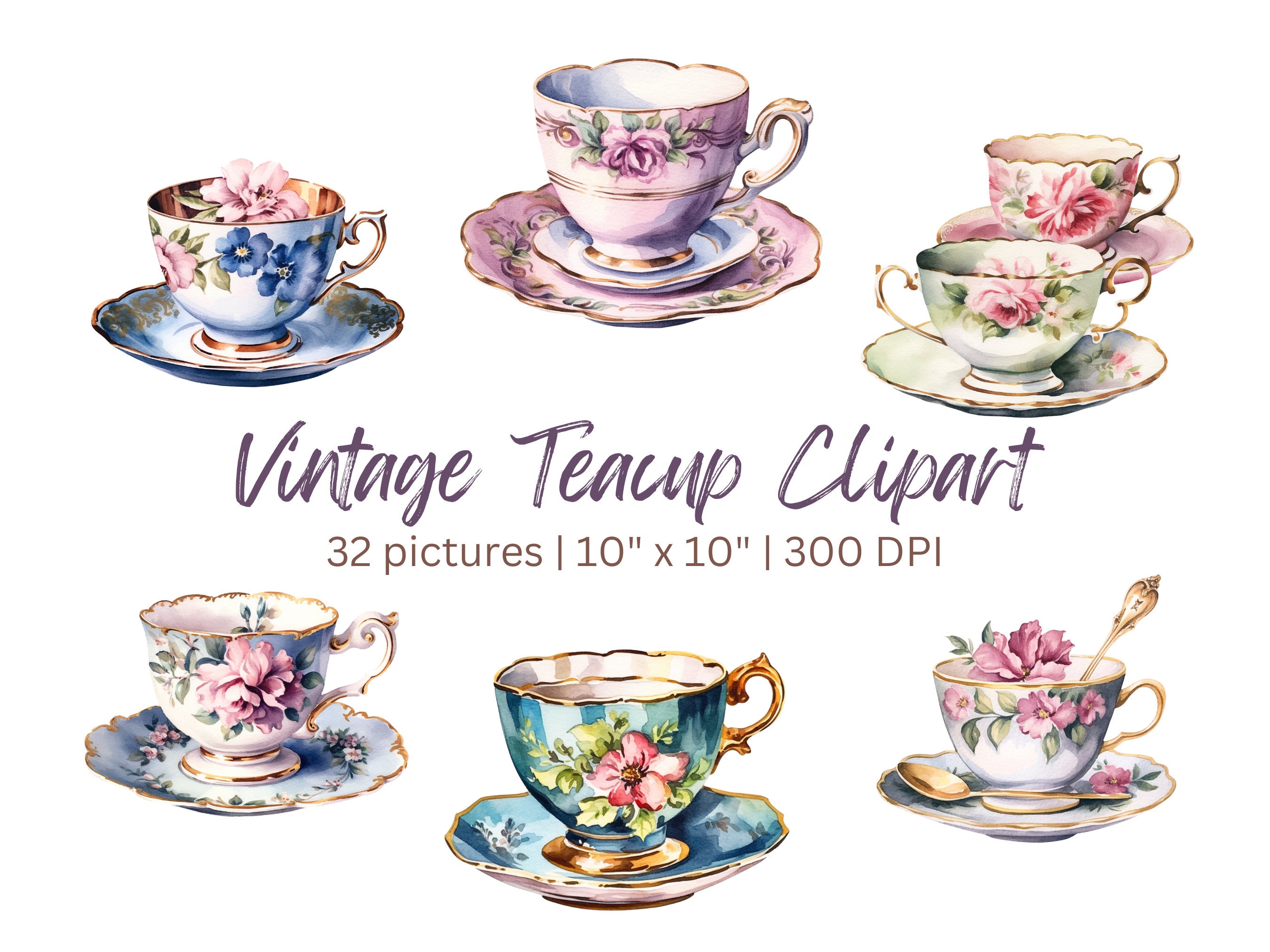 Watercolor Vintage Teacup Clipart Bundle 32 Elegant Images Etsy