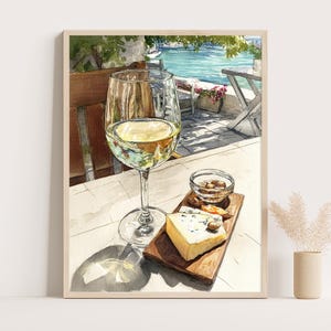 Stampa di vino bianco e formaggio, natura morta italiana, decorazione da parete del lago di Como, dipinto estivo da cucina, regalo per gli amanti del vino