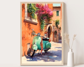 Italienischer Sommer Vespa Druck: La Dolce Vita Aquarell Wandkunst