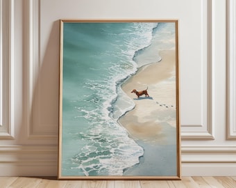Lámina de perro salchicha en la playa: Arte minimalista de perros en acuarela.