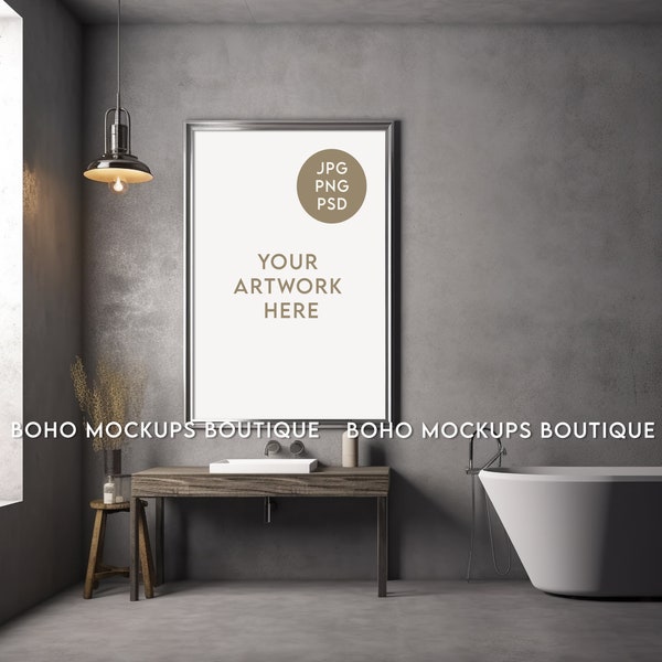 Dark Gray Tadelakt Bathroom Mockup 24x36 Frame | Extra Large Wall Art Mockup | for 2:3 ratio frame.