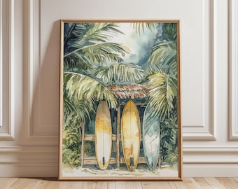 Tropical Surf Shack Watercolor Print – Beach Hut Wall Art, Surfboard & Palm Tree Coastal Decor