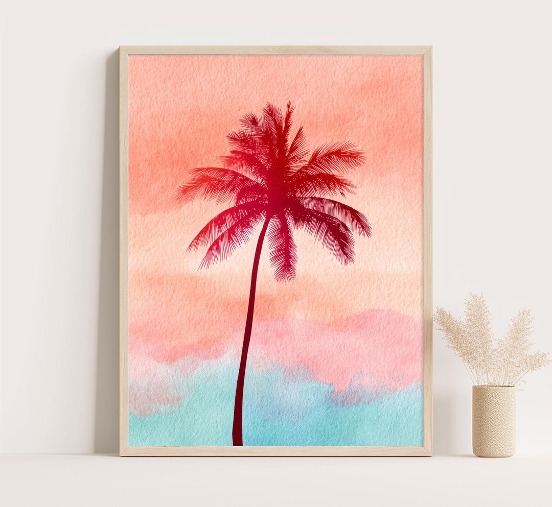 Pink Palm Tree Wall Art – Tropical Sunset Print – Minimal Beach ...