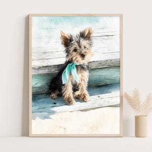 Impression d&#39;art aquarelle chiot Yorkie : décoration minimaliste de chien côtier