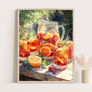 Stampa acquerello "Sangria rustica" – Decorazione murale per picnic estivo mediterraneo con agrumi ed erbe aromatiche