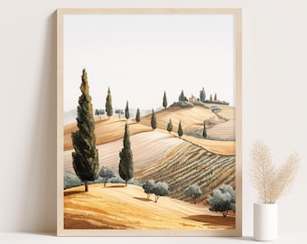 Toskanischer Weinberg Aquarell Print: Minimalistische Landschaftslandschaft mit Zypressen