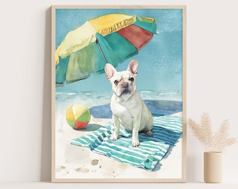 May include: Watercolor print of a French Bulldog at the beach. The dog sits on a striped towel under a colorful beach umbrella. A beach ball rests nearby. The background features the ocean and sky.