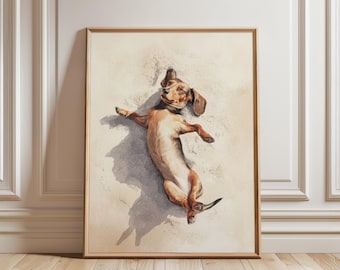 Tan Dachshund Watercolor Print – Sausage Dog Lying On Its Back Wall Art
