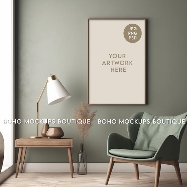 24x36 Frame Green 60s Style Interior Mockup | Large Wall Art Mockup | For 2:3 ratio artwork.