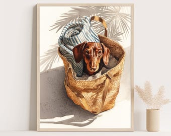Estampado playero de perro salchicha: perro salchicha en acuarela dentro de una bolsa de playa.