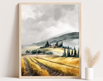 Muurkunst Toscaanse wijngaard: aquarel Italiaans platteland met gouden velden