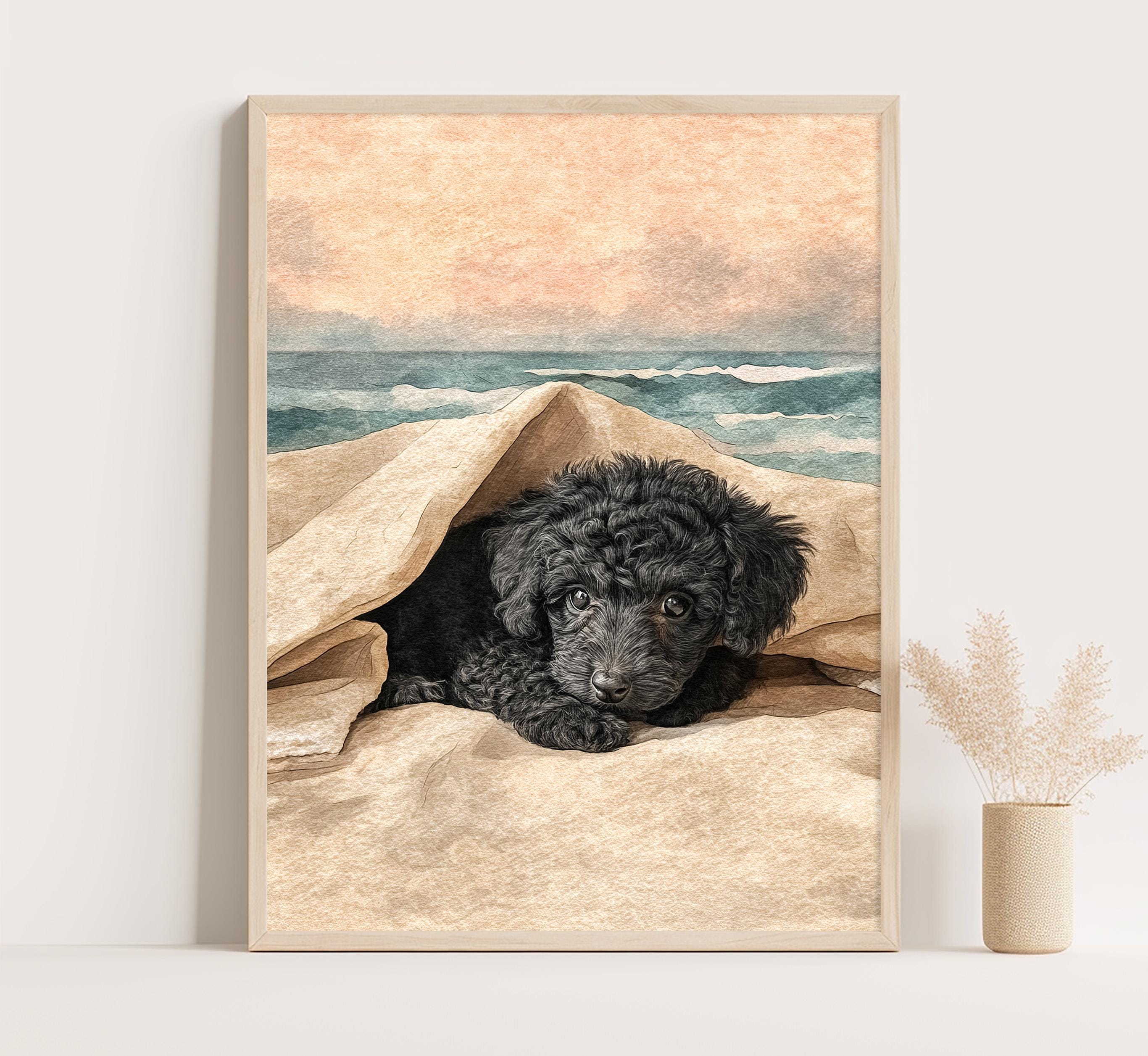 Black Poodle Puppy Print: Coastal Nursery Wall Art