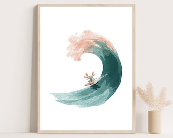 Lámina de ajolote surfeando: Arte minimalista para la pared de la habitación infantil, decoración costera.