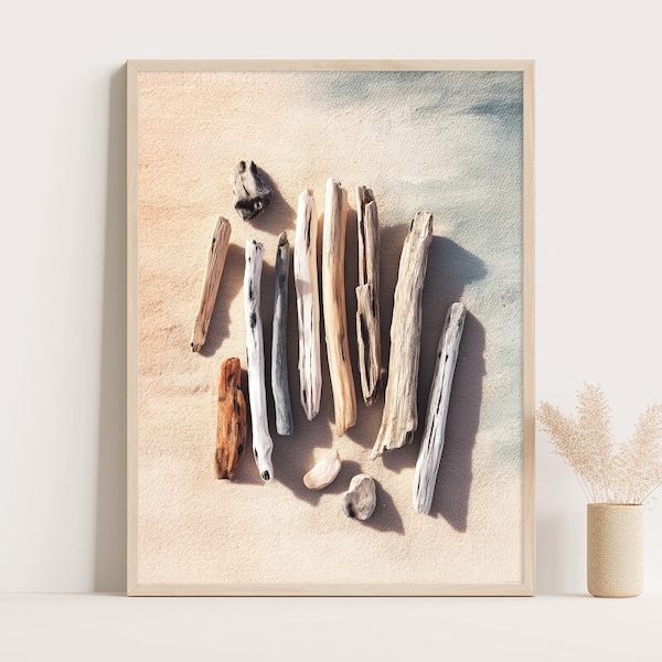Minimalistische print van drijfhout: kustzen Wabi Sabi-muurkunst
