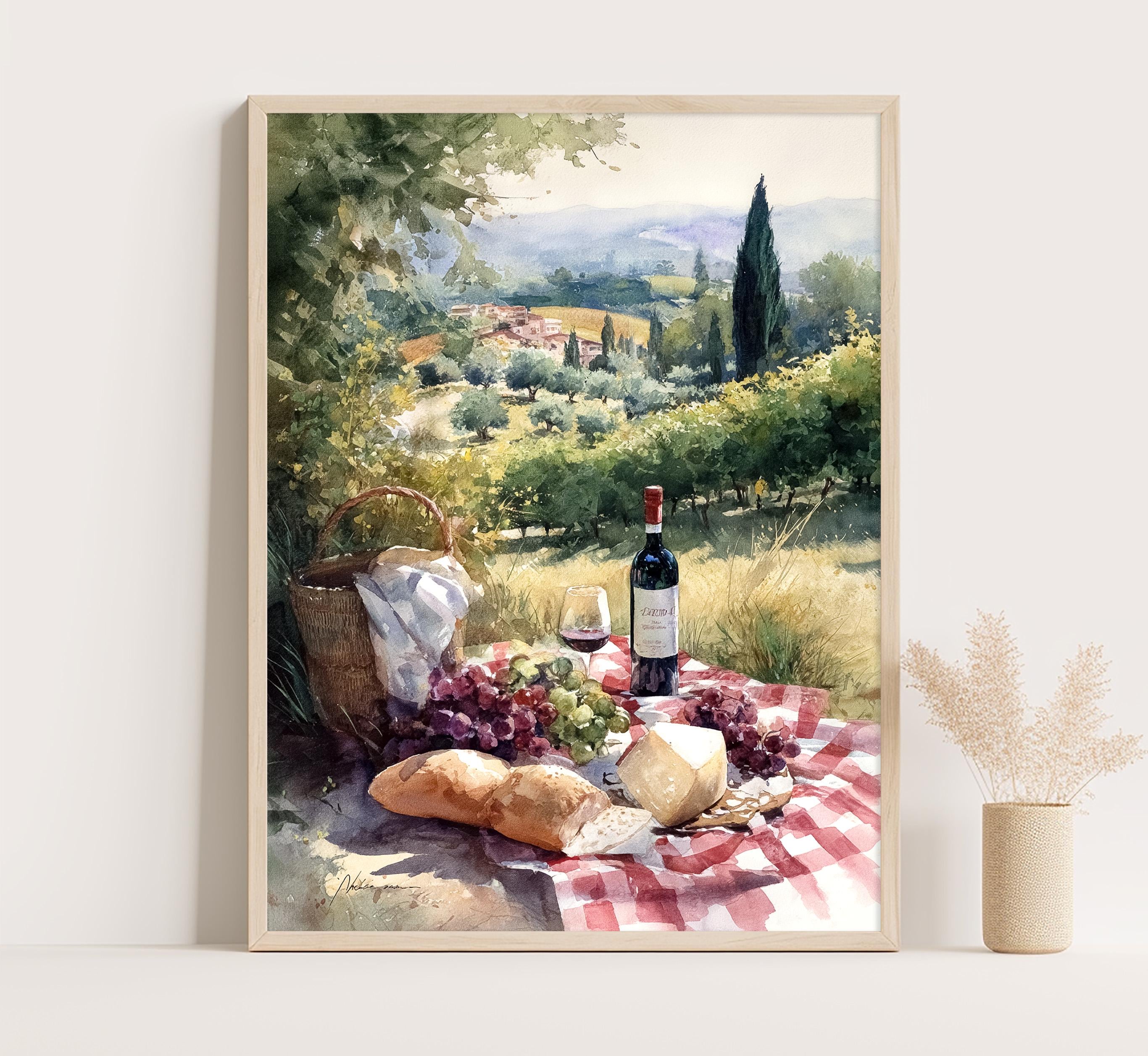 ロマンチックなトスカーナのピクニックプリント：イタリアのブドウ園の