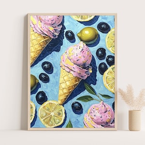 Sommer Eiscreme & Zitrus Druck - Pastell Zitronen und Oliven Wand Kunst, Lustige Gelato Illustration für die Küchen Deko
