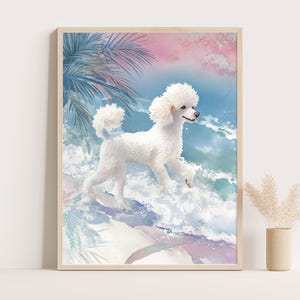 Poodle Art Print: Whimsical Watercolor Dog on Pastel Beach