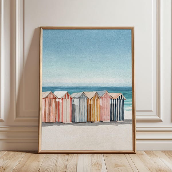 Striped Beach Cabanas Print: Coastal Watercolor Wall Art for Summer Home Decor