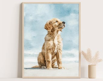 Lámina de cachorro de Golden Retriever: Decoración de pared para habitación infantil con temática costera
